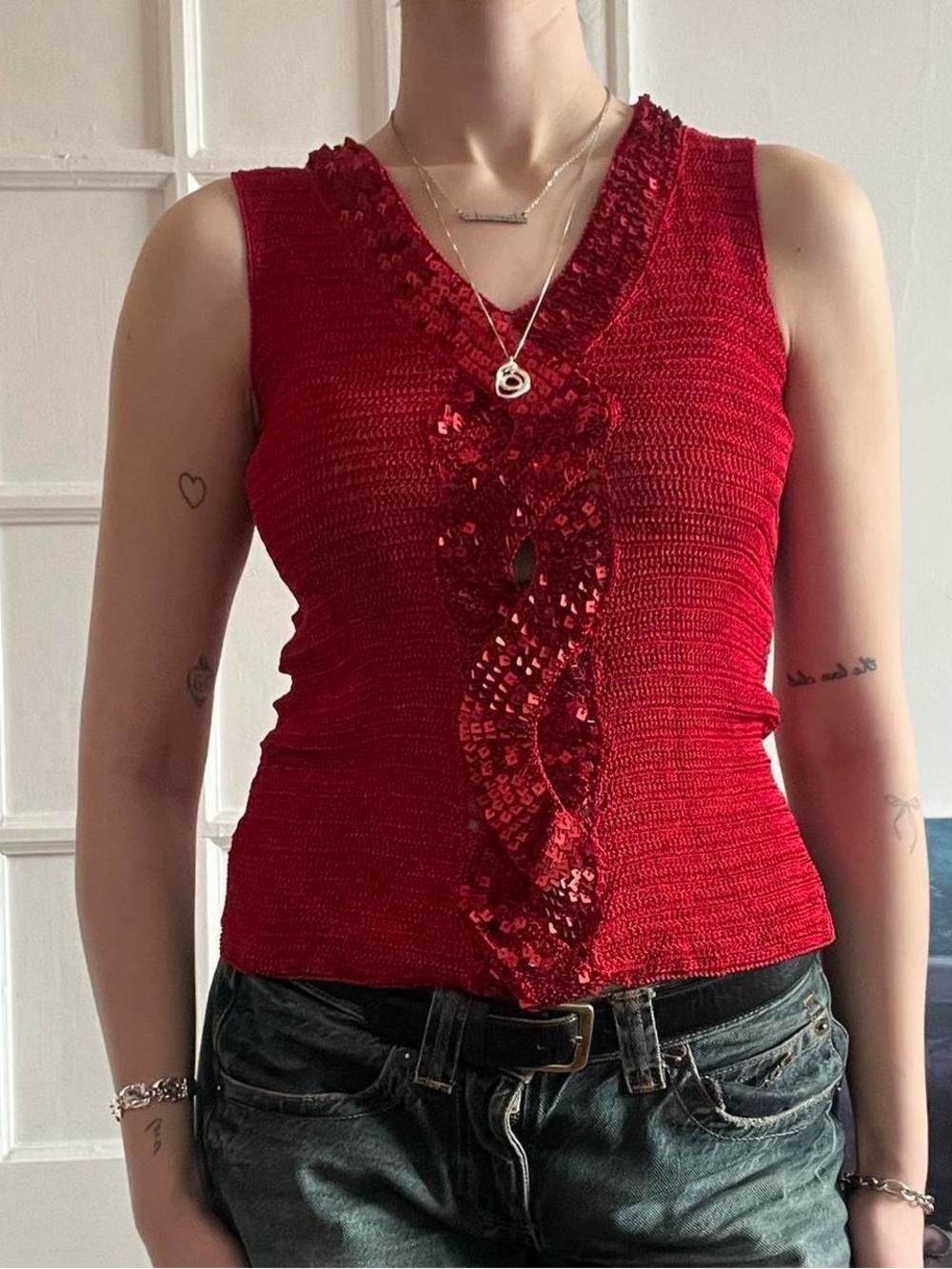 Size Small Knit V Neck Beaded Tank Top